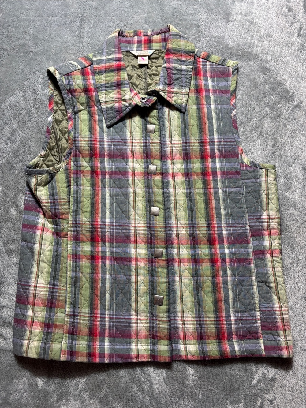 Christopher & Banks Quilted Plaid Sleeveless Shirt - Olive & Red